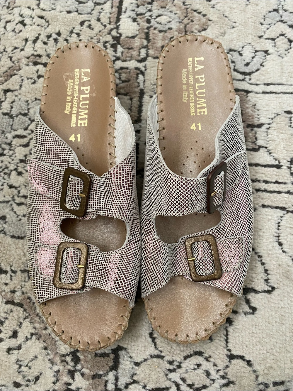 La Plume Open-Toe Slide Mules with Buckle Detail